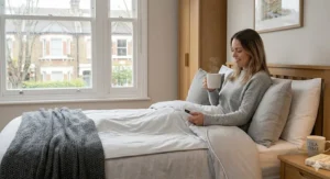 A photorealistic 4K lifestyle image of a British woman comfortably settled in a wooden double bed in a cozy UK bedroom. She is wrapped snugly under a Silentnight electric blanket, holding a mug of tea and a book while rain gently streaks the window pane outside, emphasising warmth and coziness during winter. The bedding matches the original scene.