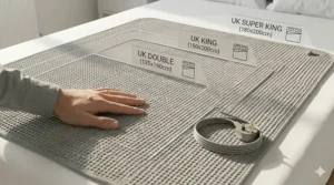 Size guide showing electric blanket dimensions for UK Double, King, and Super King mattresses.