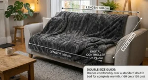 Size guide illustration showing the dimensions of a large heated throw draped over a double bed.