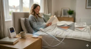 A photorealistic safety demonstration graphic featuring text overlays. One callout box reads 'FULL CORD IMMERSION - MAX SAFETY' with light rays pointing to the junction box, while a detailed inset graphic shows a cutaway cross-section of the fabric layers, labelled 'COMPLETELY ENCAPSULATED & SEALED' to show the protected heating elements.