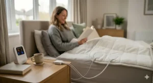 A close-up, photorealistic product view from the side of the bed highlighting the dual power cord mechanism. Two distinct power connectors are shown plugged into the edge of the quilted Dreamland electric blanket, with neat white cables looping down to a junction box and leading up to the digital Intelliheat control unit sitting on the wooden bedside table next to a rustic mug that reads 'TEA'.