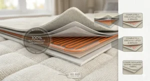 A highly detailed macro cross-section diagram of the premium fabric layers within the Dreamland electric blanket. Graphic callouts on the right point out the 'COMPLETELY ENCAPSULATED & SEALED' layers and the 'LOWER INSULATED WIRING CHANNEL FABRIC'. Circular text on the left reads '100% WATERPROOF', '100% WATERPROOF MEMBRANE', and 'MACHINE WASHABLE', anchored by an 'ISO-9001 CERTIFIED' tag at the bottom.