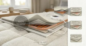 A macro technical illustration of the layered fabric structure of the electric blanket, showcasing the thin, orange internal heating wires passing through protective channels beneath a 100% waterproof membrane. A sleek white digital controller sits on the quilted mattress surface in the background with its power cord attached.