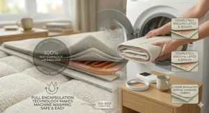 A combined instructional graphic demonstrating the product's care routine. The left side showcases the cutaway technical diagram of the waterproof layers, while the right side shows a pair of hands neatly folding the cream Dreamland electric blanket and placing it inside a white front-loading washing machine. An icon at the bottom reads 'FULL ENCAPSULATION TECHNOLOGY MAKES MACHINE WASHING SAFE & EASY'.