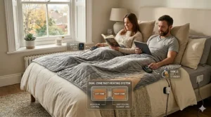 A king size fast heating electric blanket on a bed featuring dual controllers for independent temperature settings on each side.