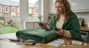 King size electric blanket with dual controllers showing separate auto timer zones for couples.