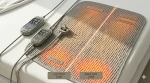 Diagram showing a dual-control blanket with extra warmth zones specifically for the feet and body.