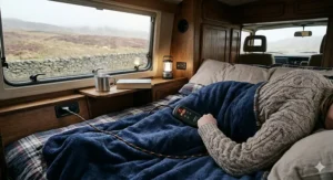 A car heated blanket spread over a bed setup inside a campervan parked in the British countryside.