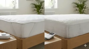 Illustration demonstrating the corner elasticated straps of a Silentnight blanket compared to the full deep-fitted elasticated skirt of a Dreamland mattress protector.