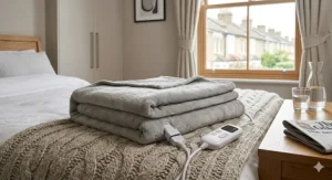A technical illustration showing a cross-section of the electric blanket's fleece fabric with thin internal heating wires, and icons for automatic overheat protection and a safety timer.
