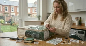 Neatly folded electric blanket with auto timer tucked inside a reusable zip-up storage bag.
