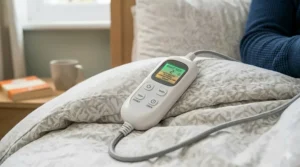 Close-up of a digital remote display showing the auto-shut off timer and overheat protection settings.