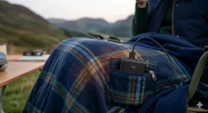 Close-up view of the soft sherpa lining and durable outer fabric of a portable heated throw blanket for camping.
