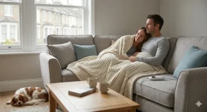 A hand holding and adjusting the digital control unit of the electric blanket, showing a clear, illuminated screen with heat settings and a built-in timer.