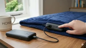 A graphic comparing the low running costs of a USB heated blanket versus central heating in a UK home.