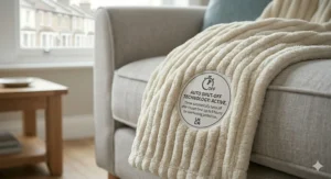 The cream heated throw neatly folded on a sofa with an integrated graphic display emphasizing its energy-efficient credentials and low running costs in British pence per hour.