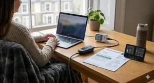 Illustration showing the low running costs of a heated throw, perfect for staying warm while working from home.