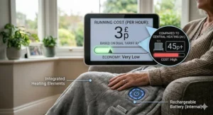 A graphic comparing the low cost of running a cordless heated throw versus turning up the central heating in a UK flat.