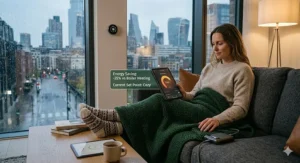 Alt text for image 5: An illustration highlighting the energy-saving benefits of using a rechargeable heated blanket to lower home heating costs.