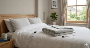 A dual-panel infographic showing icons for low energy consumption (£ symbol) and easy machine washing (with the controller detached) above a cross-section of the grey fleece blanket.