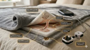 A detailed close-up showing the copper-based fast-heat filaments, internal insulation padding, and standard UK three-pin plug of an electric blanket.