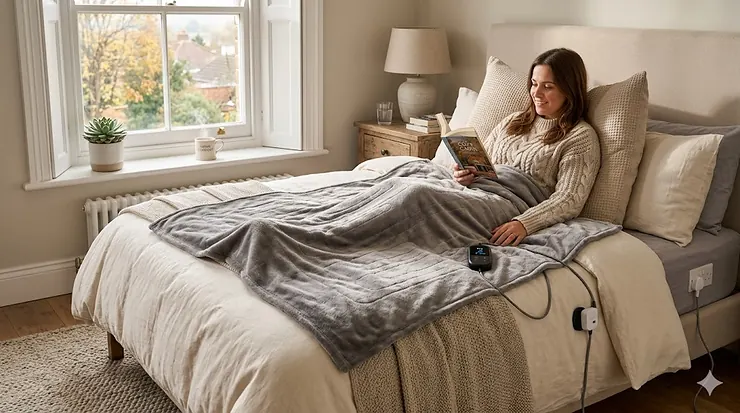 A luxury fast heating electric blanket spread over a double bed with a thick winter duvet in a British bedroom. fast heating electric blanket