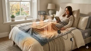 Diagram showing the rapid heat-up technology of a fast heating electric blanket reaching optimal warmth within five minutes.