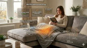 A person draped in a fast heating electric blanket throw while relaxing on a living room sofa with a cup of tea.