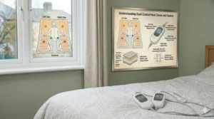 Illustration of a deep-fitted elasticated skirt securing a dual control electric blanket to a double mattress.