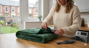 Fitted electric blanket with auto timer showing elasticated skirt fitting over a British double mattress.
