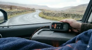 Illustration of a handheld remote for a car heated blanket showing high and low heat setting indicators.