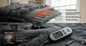 Graphic highlighting the built-in overheat protection and automatic shut-off safety features.