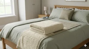 A cream-coloured heated fleece throw neatly folded on a double bed with a sage green duvet and a traditional wooden headboard.