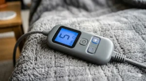 A handheld digital controller for a heated fleece throw featuring a clear LED display showing heat level five and a timer setting.