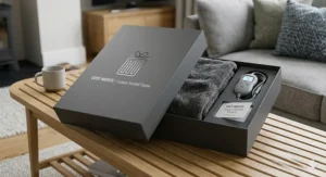 A grey heated fleece throw neatly presented in a premium charcoal grey gift box with "Cosy Nights" branding on a wooden coffee table.