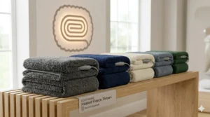 A professional display of folded heated fleece throws in a range of colours including charcoal, navy, cream, slate, and forest green.