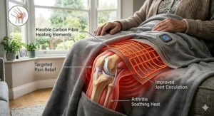 Illustration showing the soothing heat distribution of a cordless throw over a person's knees and lap to help with circulation.