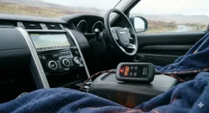 Illustration showing the automatic shut-off safety timer feature on a car heated blanket controller.