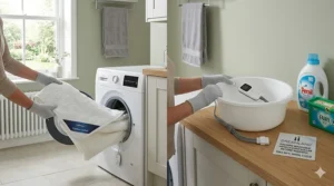 A visual step-by-step guide showing how to detach the power cables from both Silentnight and Dreamland blankets before placing them in a standard UK washing machine.