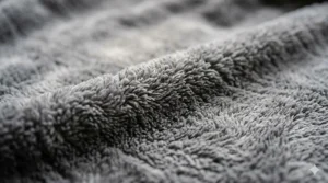 A high-resolution close-up showing the soft, plush, high-pile grey fleece fibres of a heated throw.