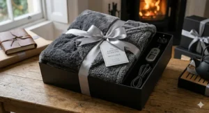 A beautifully folded heated faux fur throw presented with a ribbon, ideal for a Christmas or birthday gift.