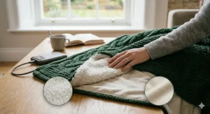 Alt text for image 6: Detailed close-up of the soft luxury sherpa fleece lining and quilted outer fabric of a premium rechargeable heated blanket.