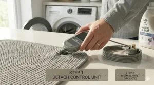 Illustration of a detachable power cable being removed from an electric blanket before machine washing.
