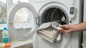 Illustration showing the detachable cord of a dual control electric blanket being prepared for machine washing.