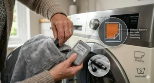 A diagram showing the detachable cord and battery pack, indicating the heated throw is safe for a 30-degree wash.