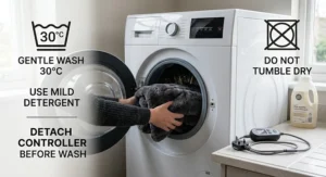 Illustration showing the heated throw being placed in a washing machine after removing the power cord.