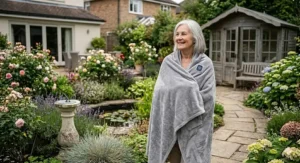 A senior man moving from a lounge armchair to a garden summer house wearing a cordless heated throw.