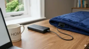 Close-up illustration showing a USB cable from a heated throw connecting to a portable power bank.