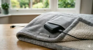 A compact, lightweight rechargeable power bank being tucked into the discreet internal pocket of the heated throw.