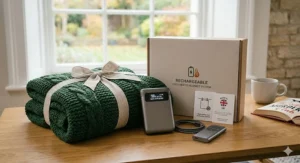 Alt text for image 9: A rechargeable heated blanket neatly folded inside stylish, recyclable British packaging, ideal for a winter gift.